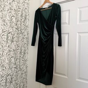 Dark Green Velvet Wrap Dress (DIRASS, S)